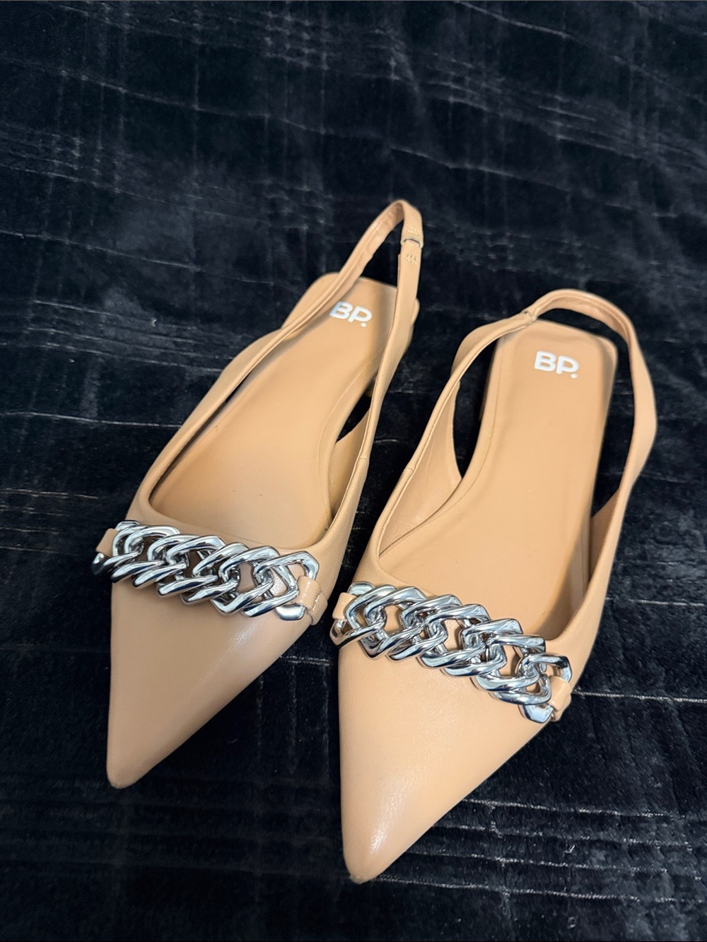 bp Tan Pointed Slingback Flats with Silver Chain Accent